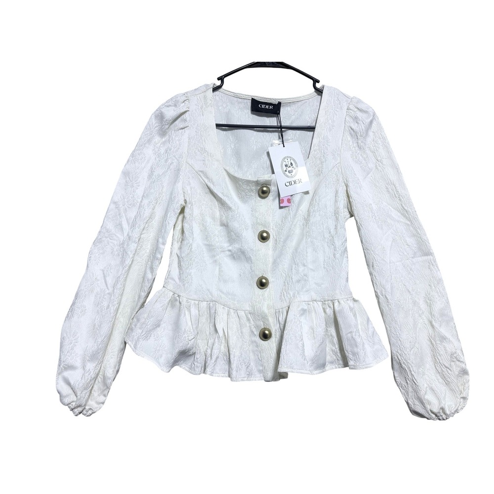 Cider Shirt Womens‎ Small White Jacquard Peplum Button Front Long Puff Sleeve